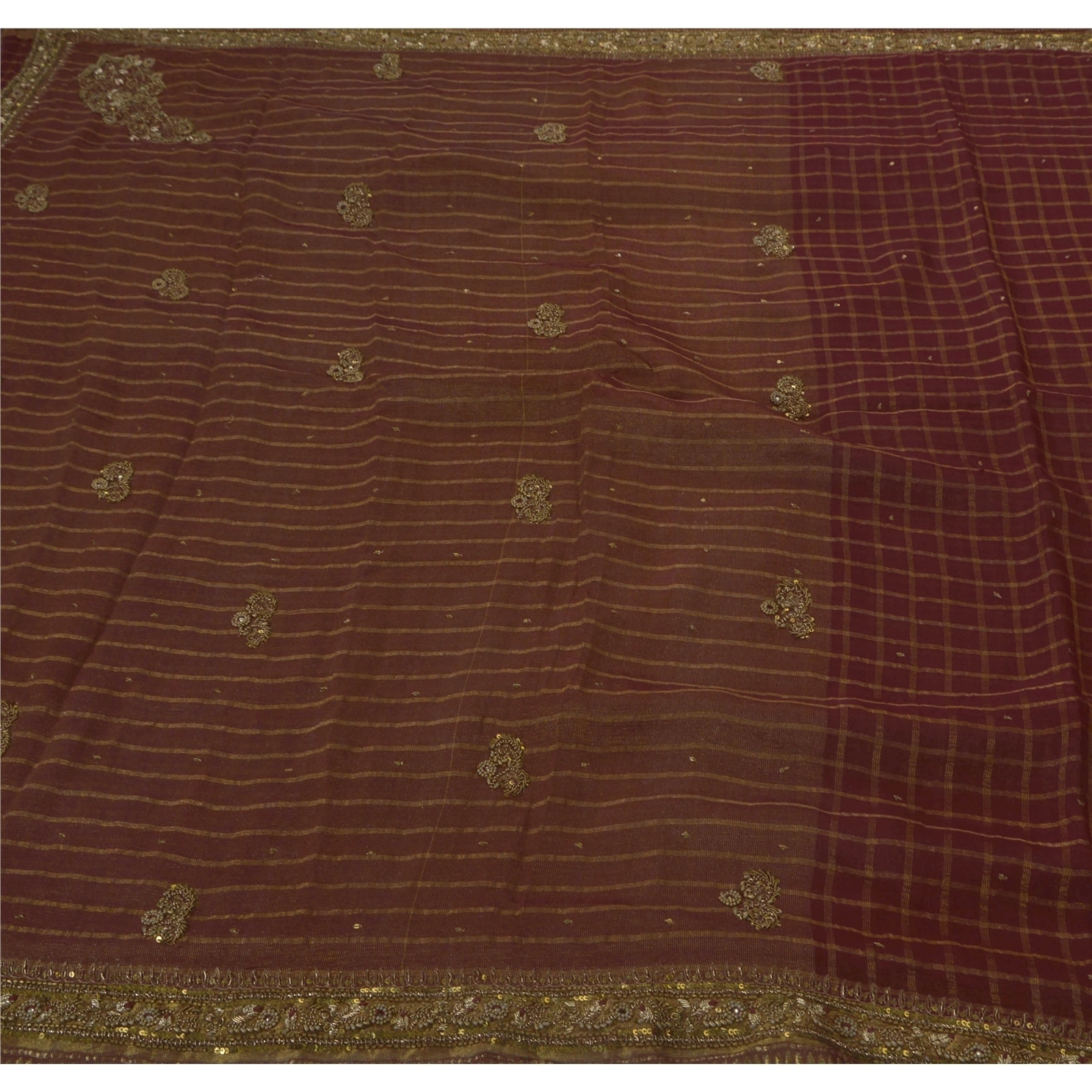 Sanskriti Vintage Sarees Pure Georgette Silk Hand Beaded Fabric 5 Yd Ethnic Sari, PS-43811-Dark Red-Zari Work-100% Pure Georgette Silk-1