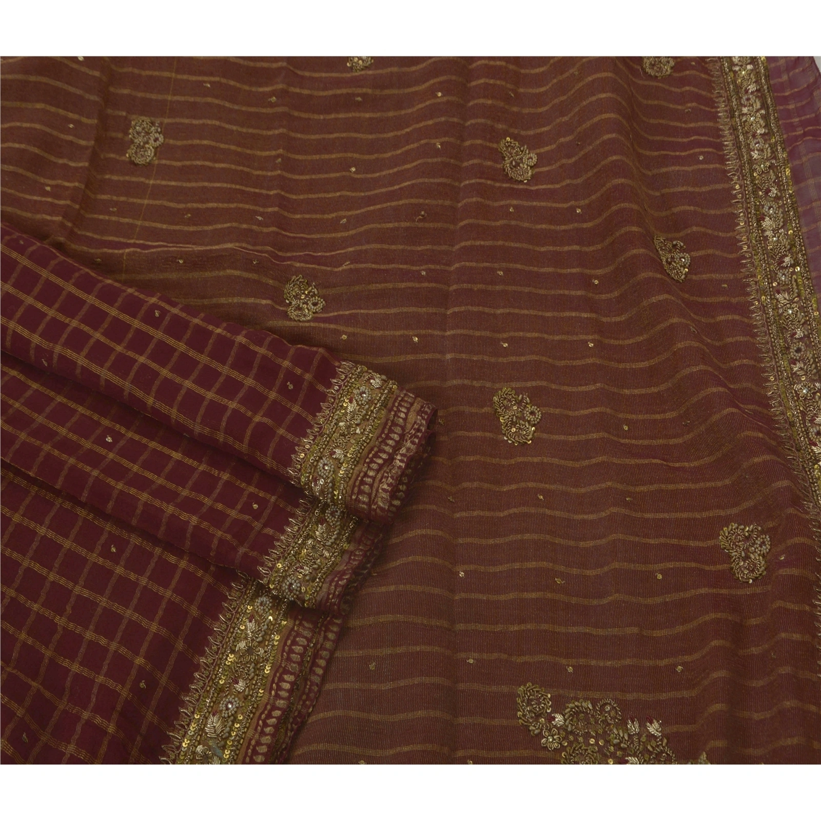 Sanskriti Vintage Sarees Pure Georgette Silk Hand Beaded Fabric 5 Yd Ethnic Sari, PS-43811-Dark Red-Zari Work-100% Pure Georgette Silk-2