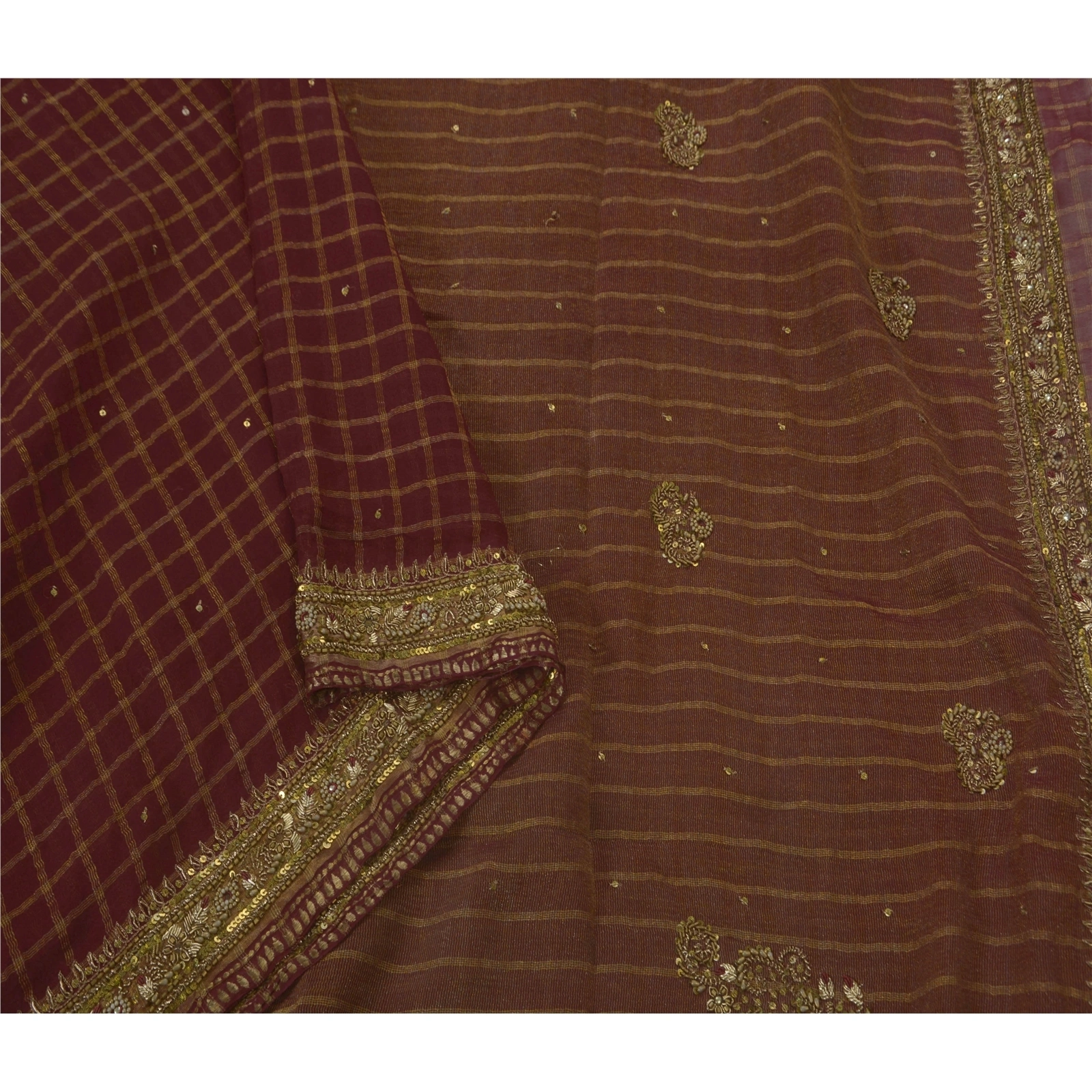 Sanskriti Vintage Sarees Pure Georgette Silk Hand Beaded Fabric 5 Yd Ethnic Sari, PS-43811-Dark Red-Zari Work-100% Pure Georgette Silk-3