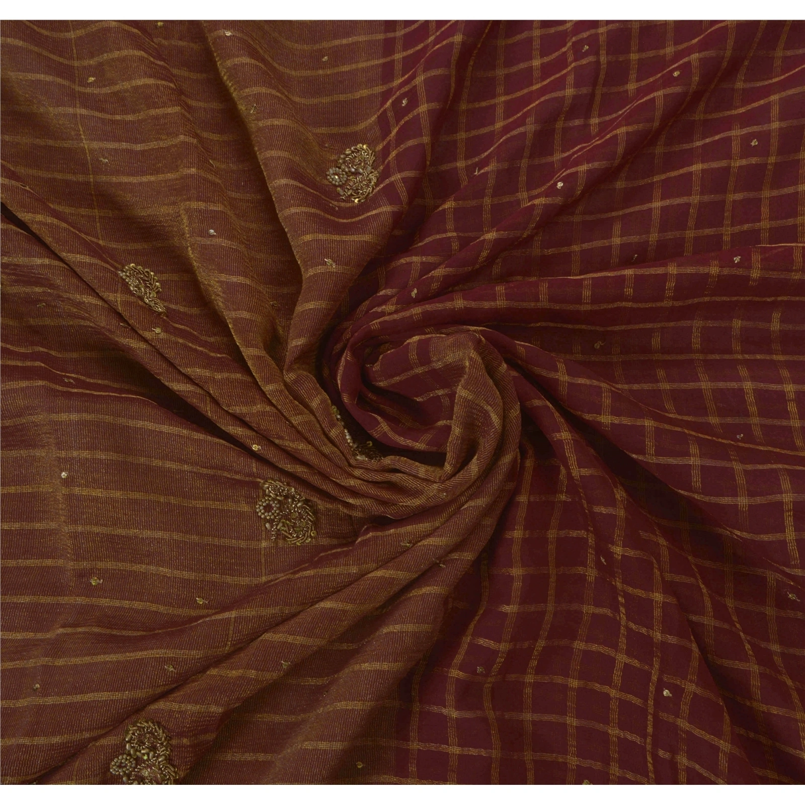 Sanskriti Vintage Sarees Pure Georgette Silk Hand Beaded Fabric 5 Yd Ethnic Sari, PS-43811-Dark Red-Zari Work-100% Pure Georgette Silk-5