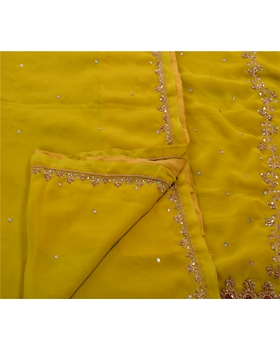 Sanskriti Vintage Green Sarees Georgette Hand Beaded Craft 5 Yd Fabric Sari, PS-44081-Green-Hand Beaded With Zari Work &amp; Sequins-Georgette-1