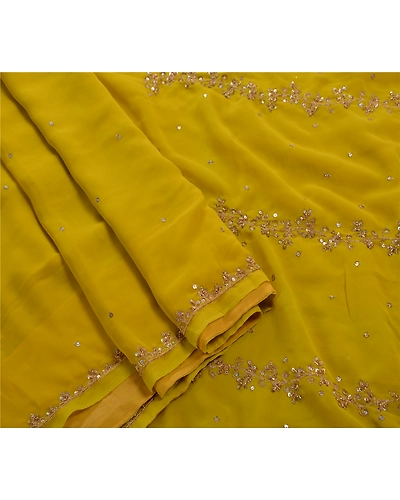 Sanskriti Vintage Green Sarees Georgette Hand Beaded Craft 5 Yd Fabric Sari, PS-44081-Green-Hand Beaded With Zari Work &amp; Sequins-Georgette-8