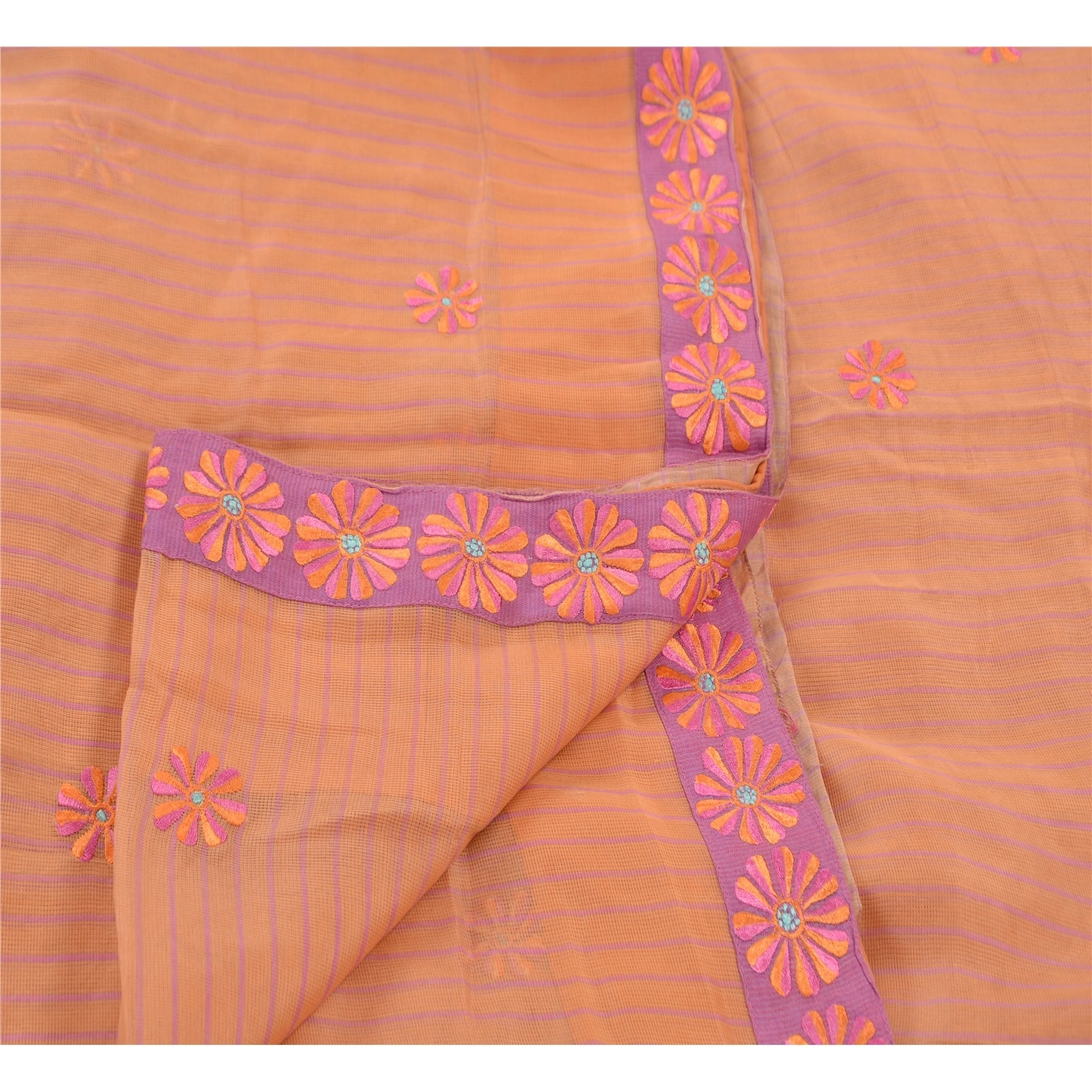 Sanskriti Vintage Indian Sarees 100% Pure Cotton Embroidered Fabric Premium Sari, PS-44450-Peach-Embroidered With Thread Work-100% Pure Cotton-1