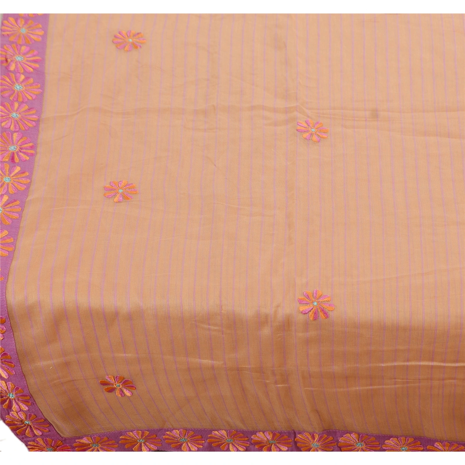 Sanskriti Vintage Indian Sarees 100% Pure Cotton Embroidered Fabric Premium Sari, PS-44450-Peach-Embroidered With Thread Work-100% Pure Cotton-2