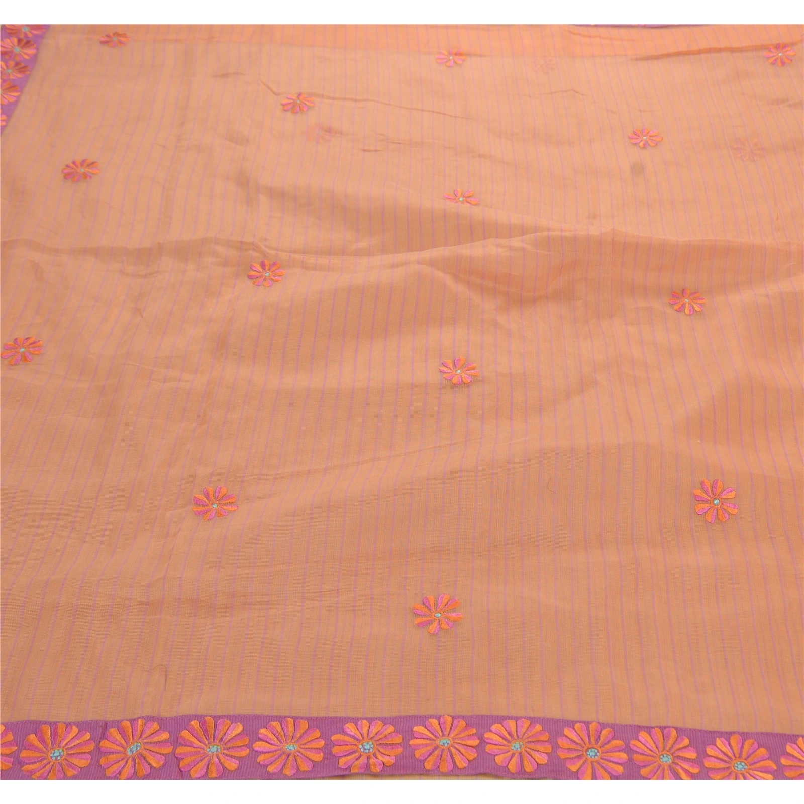 Sanskriti Vintage Indian Sarees 100% Pure Cotton Embroidered Fabric Premium Sari, PS-44450-Peach-Embroidered With Thread Work-100% Pure Cotton-3