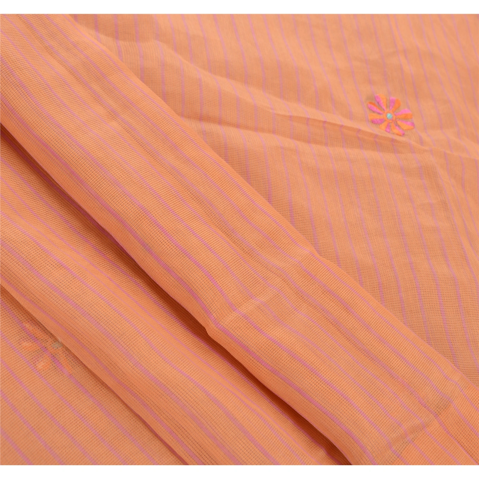 Sanskriti Vintage Indian Sarees 100% Pure Cotton Embroidered Fabric Premium Sari, PS-44450-Peach-Embroidered With Thread Work-100% Pure Cotton-6