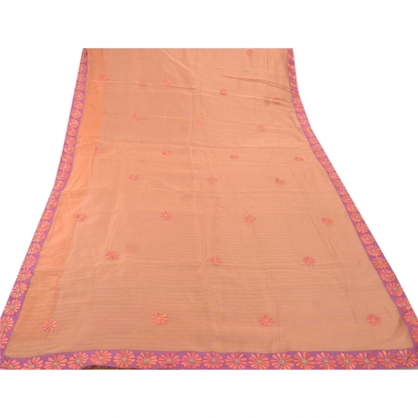 Sanskriti Vintage Indian Sarees 100% Pure Cotton Embroidered Fabric Premium Sari, PS-44450-Peach-Embroidered With Thread Work-100% Pure Cotton-7