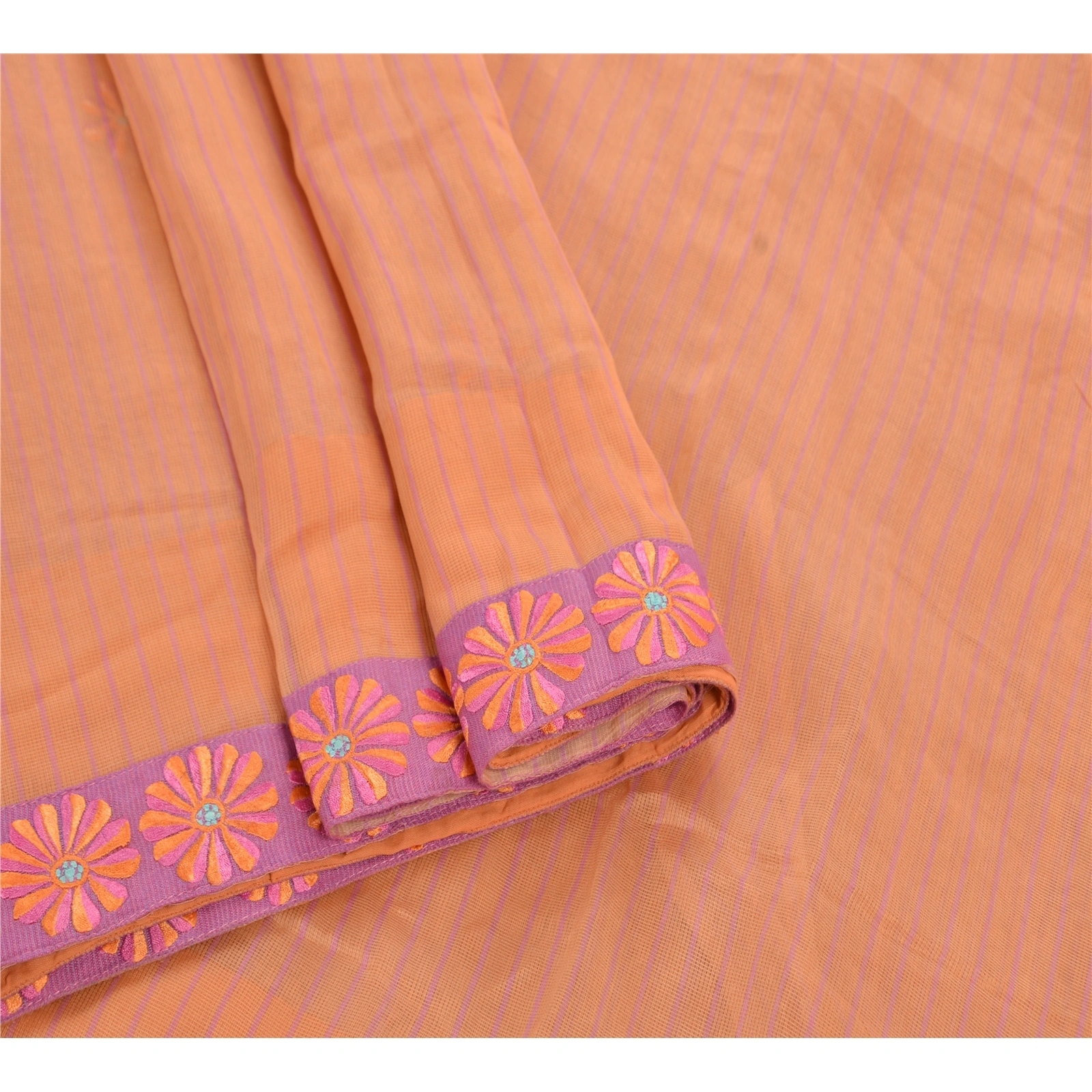 Sanskriti Vintage Indian Sarees 100% Pure Cotton Embroidered Fabric Premium Sari, PS-44450-Peach-Embroidered With Thread Work-100% Pure Cotton-8