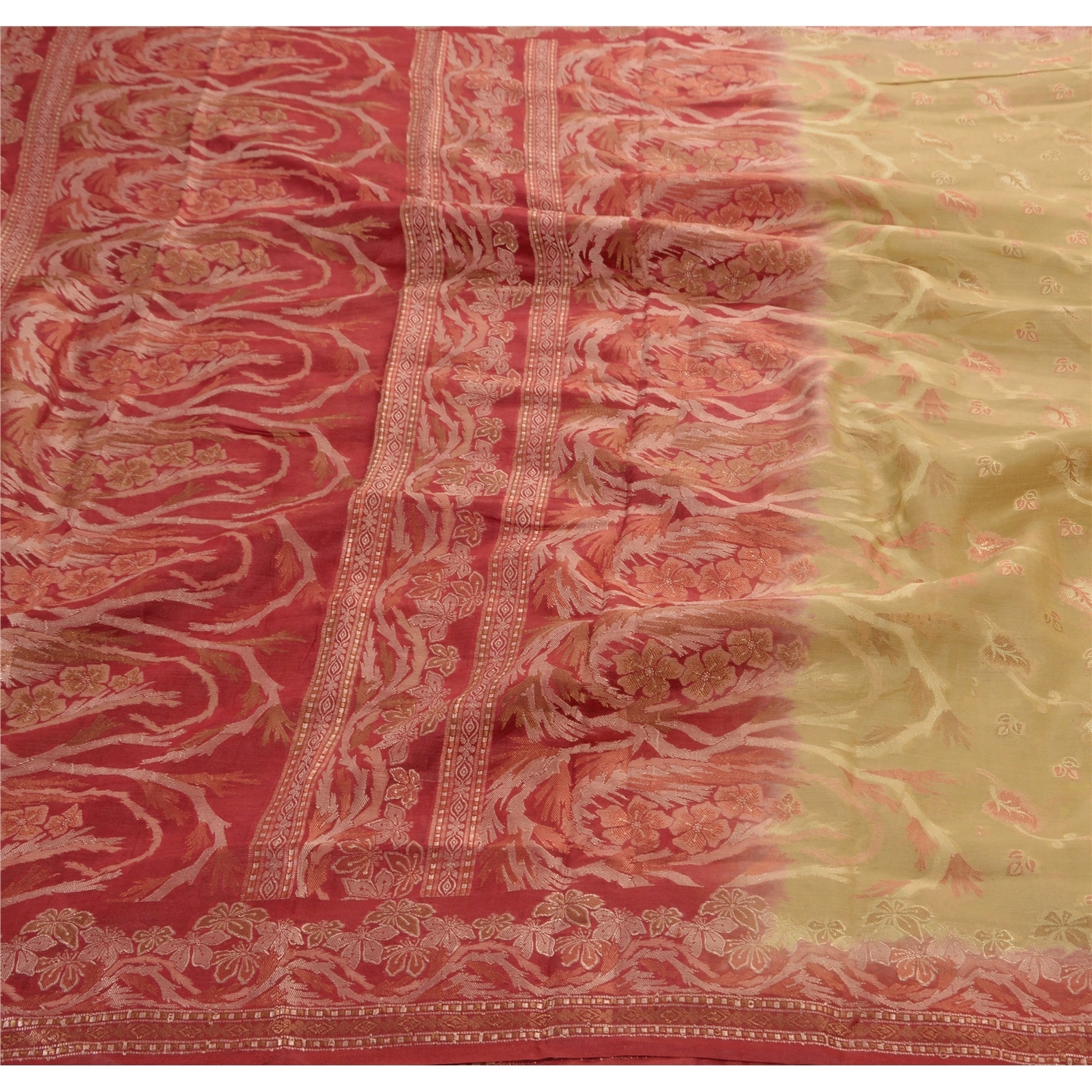 Sanskriti Vintage Indian Sarees Blend Silk Cream Woven Craft Fabric Premium Sari, PS-44927-Cream-Woven Work-Blend Silk-1