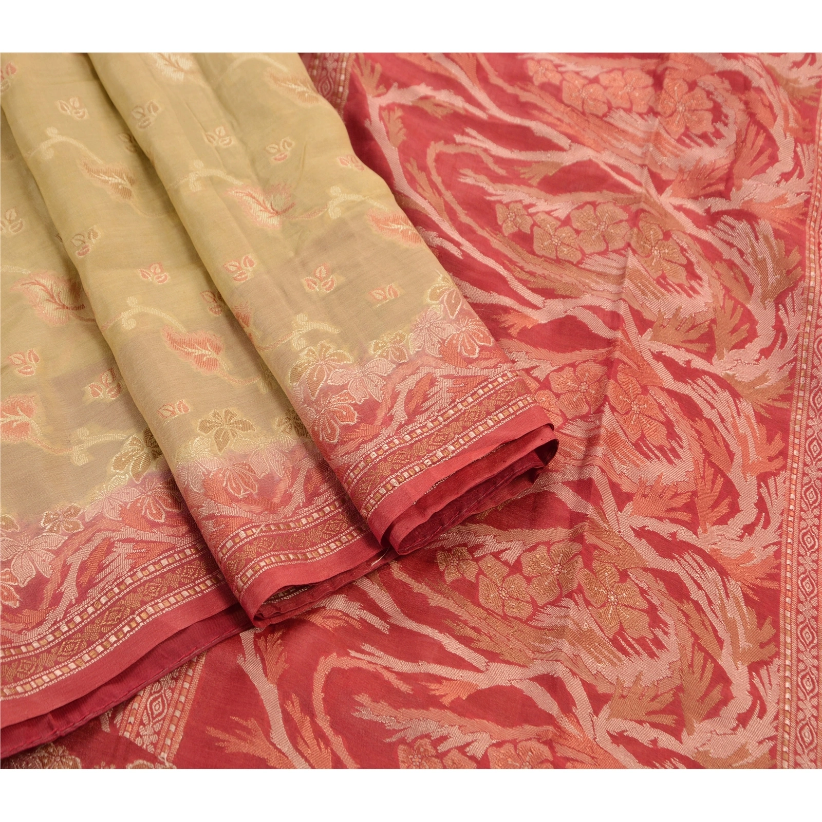 Sanskriti Vintage Indian Sarees Blend Silk Cream Woven Craft Fabric Premium Sari, PS-44927-Cream-Woven Work-Blend Silk-2