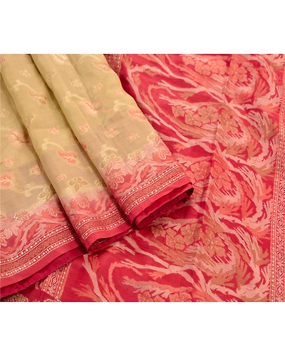 Sanskriti Vintage Indian Sarees Blend Silk Cream Woven Craft Fabric Premium Sari, PS-44927-Cream-Woven Work-Blend Silk-2