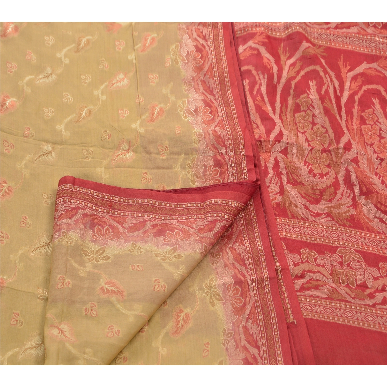 Sanskriti Vintage Indian Sarees Blend Silk Cream Woven Craft Fabric Premium Sari, PS-44927-Cream-Woven Work-Blend Silk-3