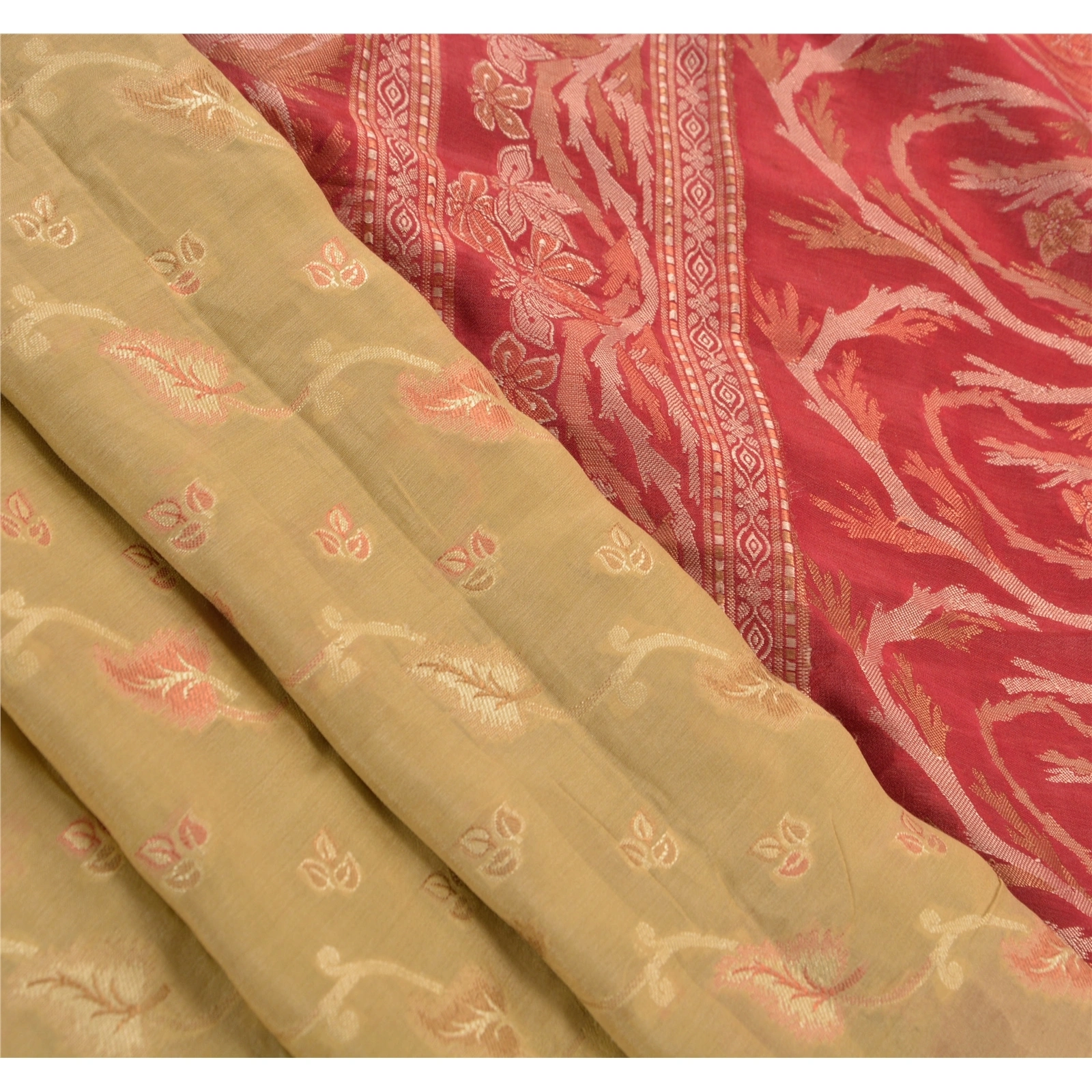 Sanskriti Vintage Indian Sarees Blend Silk Cream Woven Craft Fabric Premium Sari, PS-44927-Cream-Woven Work-Blend Silk-6