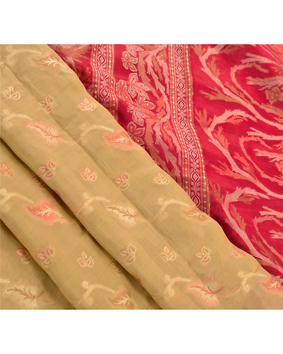 Sanskriti Vintage Indian Sarees Blend Silk Cream Woven Craft Fabric Premium Sari, PS-44927-Cream-Woven Work-Blend Silk-6