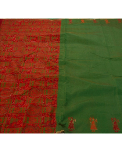 Sanskriti Vintage Sarees Cotton Blend Woven Green Fabric Premium 5 Yd Craft Sari, PS-44996-Green-Woven Work-Cotton Blend-1