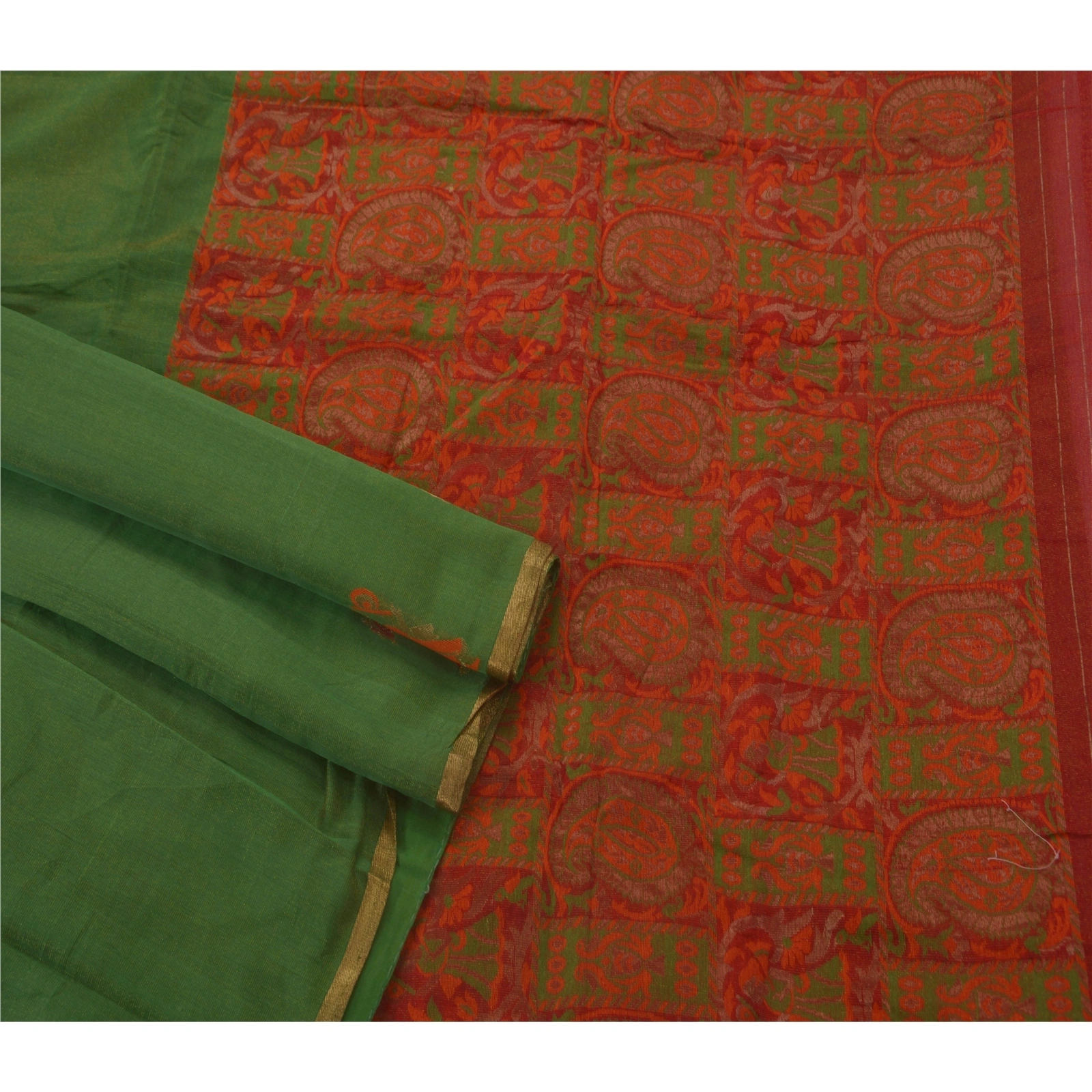 Sanskriti Vintage Sarees Cotton Blend Woven Green Fabric Premium 5 Yd Craft Sari, PS-44996-Green-Woven Work-Cotton Blend-2