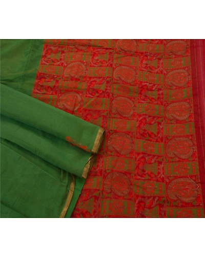 Sanskriti Vintage Sarees Cotton Blend Woven Green Fabric Premium 5 Yd Craft Sari, PS-44996-Green-Woven Work-Cotton Blend-2