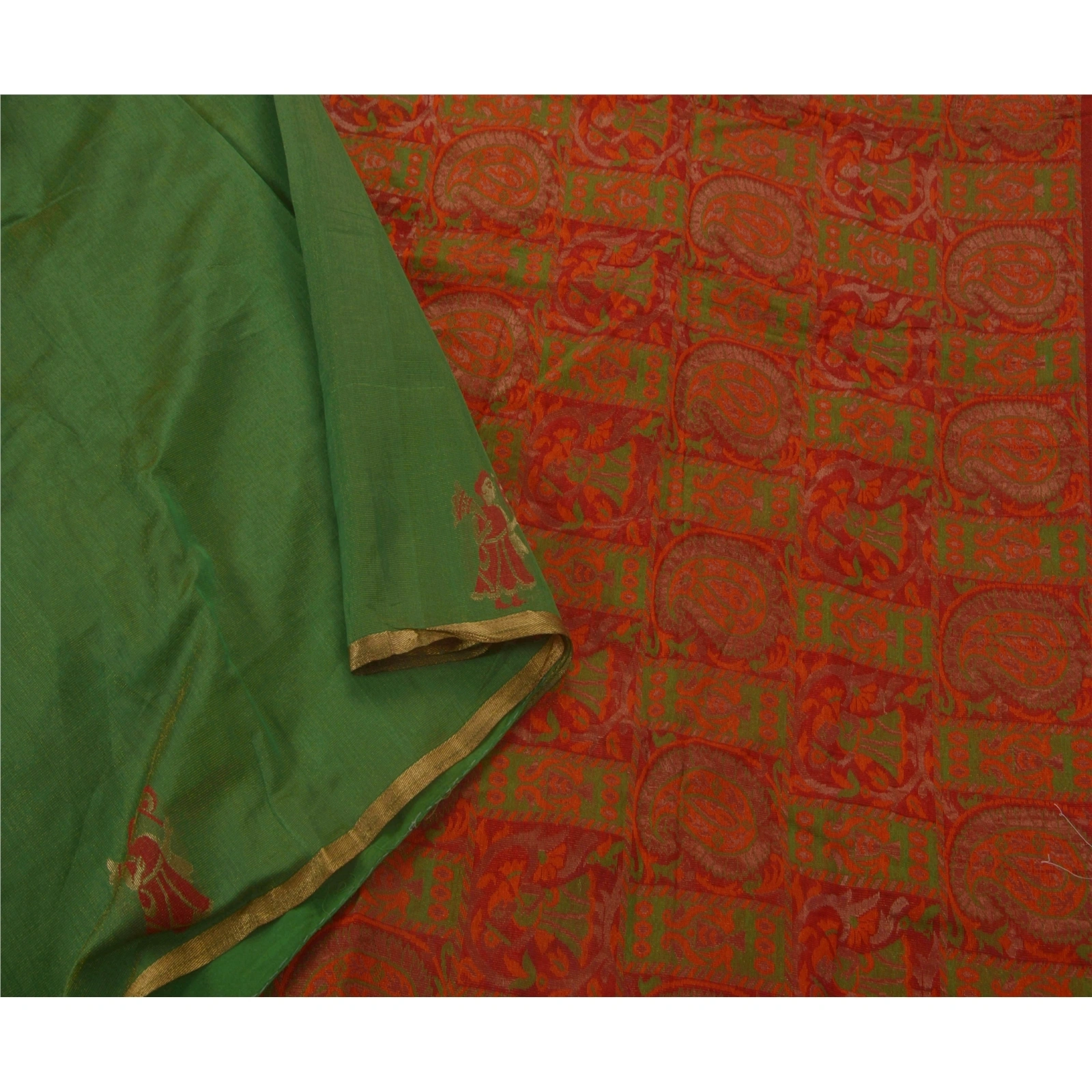 Sanskriti Vintage Sarees Cotton Blend Woven Green Fabric Premium 5 Yd Craft Sari, PS-44996-Green-Woven Work-Cotton Blend-3