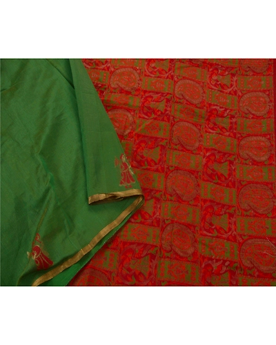Sanskriti Vintage Sarees Cotton Blend Woven Green Fabric Premium 5 Yd Craft Sari, PS-44996-Green-Woven Work-Cotton Blend-3