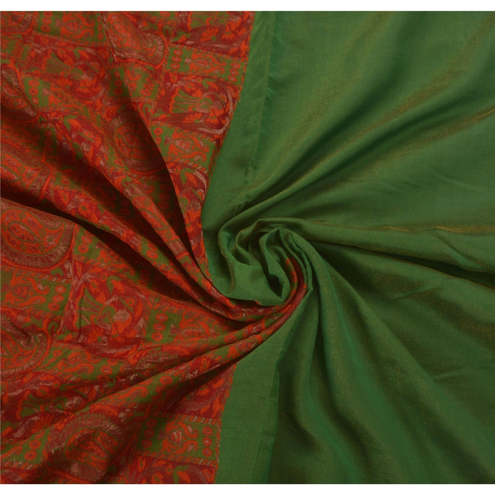 Sanskriti Vintage Sarees Cotton Blend Woven Green Fabric Premium 5 Yd Craft Sari, PS-44996-Green-Woven Work-Cotton Blend-5