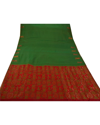 Sanskriti Vintage Sarees Cotton Blend Woven Green Fabric Premium 5 Yd Craft Sari, PS-44996-Green-Woven Work-Cotton Blend-6