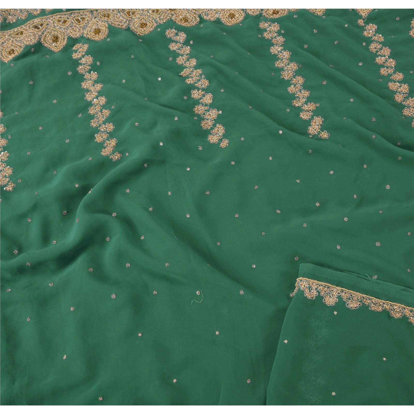 Sanskriti Vintage Sarees Georgette Hand Embroidery Cultural Craft Fabric Sari, PS-45250-Green-Hand Beaded With Zardozi Work-Georgette-1