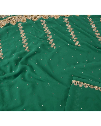 Sanskriti Vintage Sarees Georgette Hand Embroidery Cultural Craft Fabric Sari, PS-45250-Green-Hand Beaded With Zardozi Work-Georgette-1