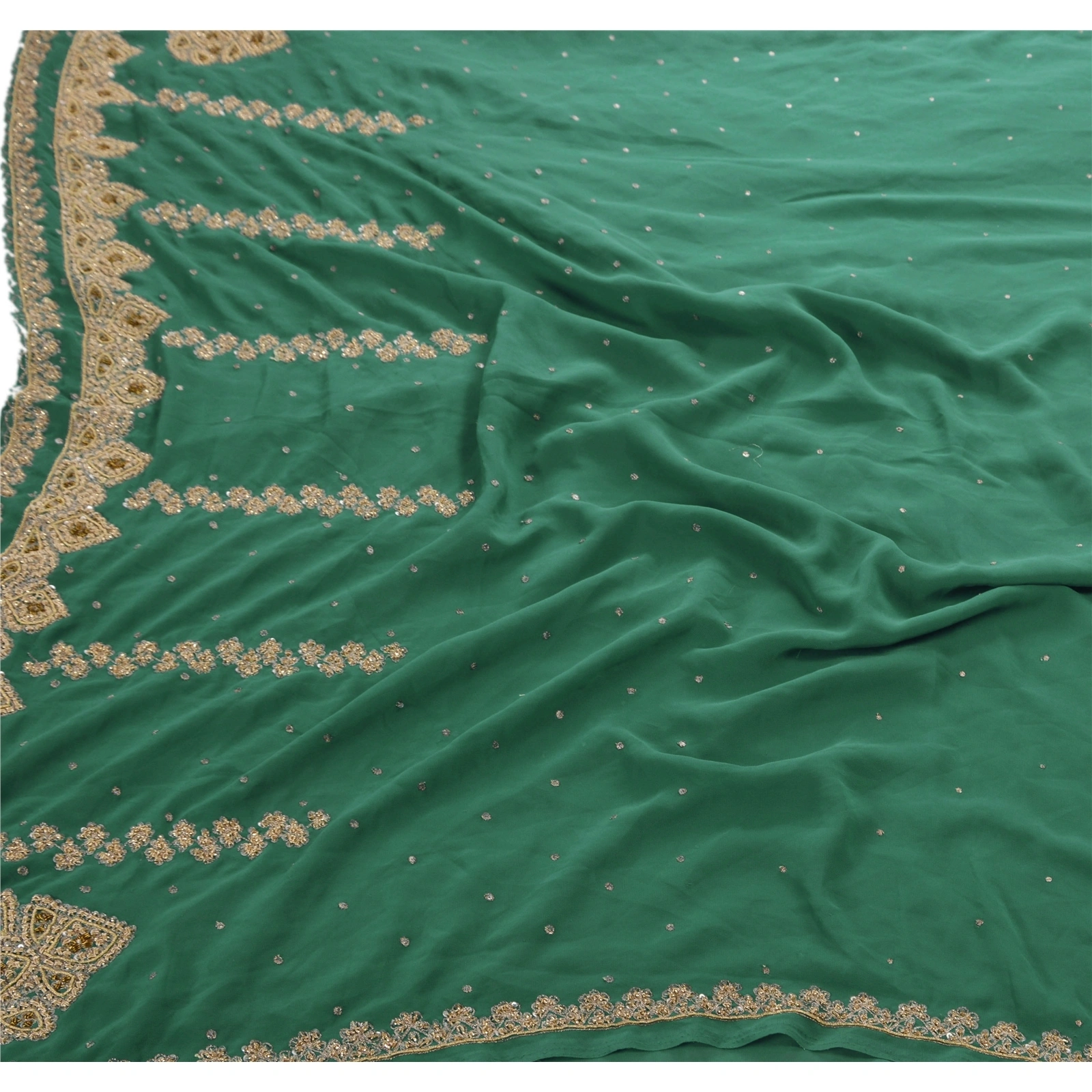 Sanskriti Vintage Sarees Georgette Hand Embroidery Cultural Craft Fabric Sari, PS-45250-Green-Hand Beaded With Zardozi Work-Georgette-2