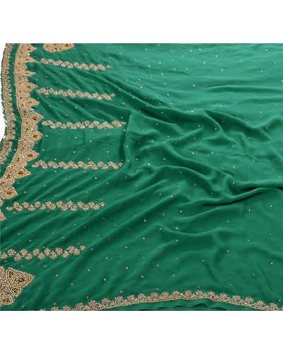 Sanskriti Vintage Sarees Georgette Hand Embroidery Cultural Craft Fabric Sari, PS-45250-Green-Hand Beaded With Zardozi Work-Georgette-2