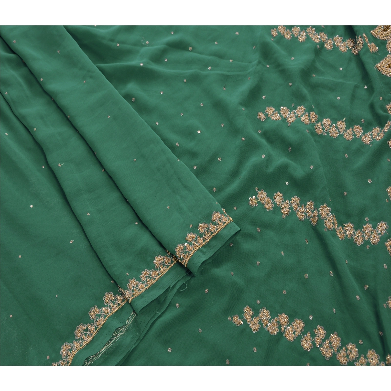 Sanskriti Vintage Sarees Georgette Hand Embroidery Cultural Craft Fabric Sari, PS-45250-Green-Hand Beaded With Zardozi Work-Georgette-3