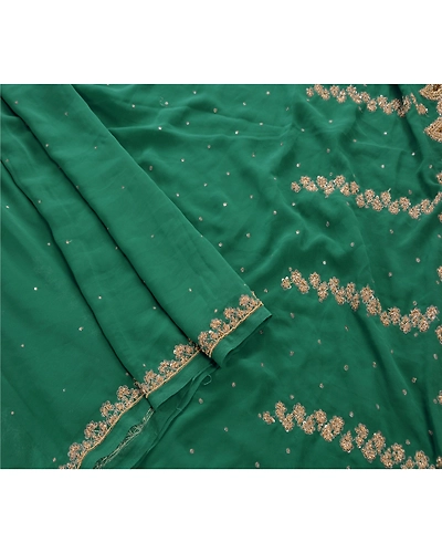 Sanskriti Vintage Sarees Georgette Hand Embroidery Cultural Craft Fabric Sari, PS-45250-Green-Hand Beaded With Zardozi Work-Georgette-3