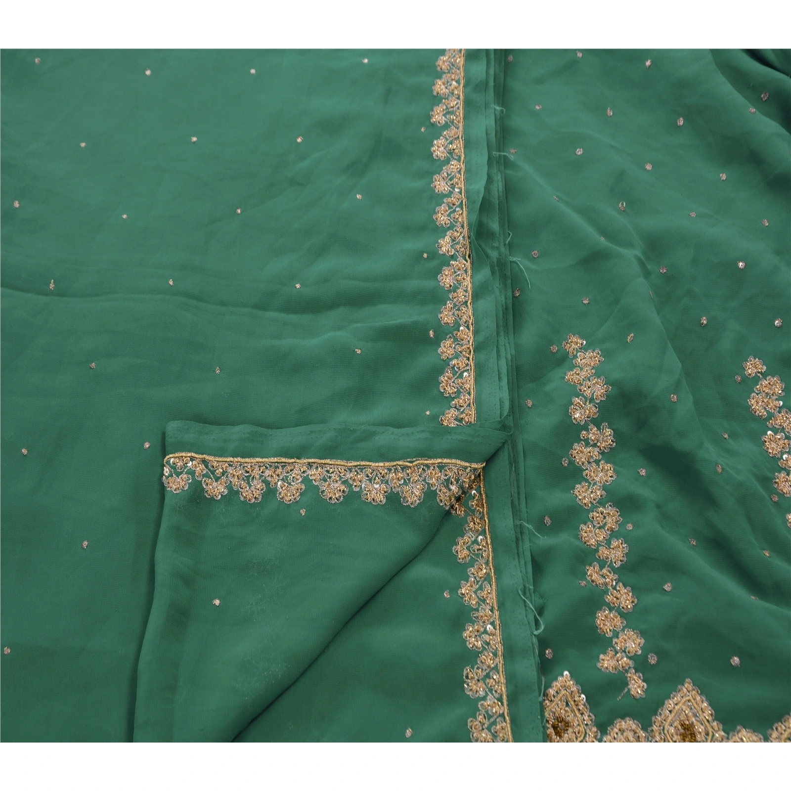 Sanskriti Vintage Sarees Georgette Hand Embroidery Cultural Craft Fabric Sari, PS-45250-Green-Hand Beaded With Zardozi Work-Georgette-4