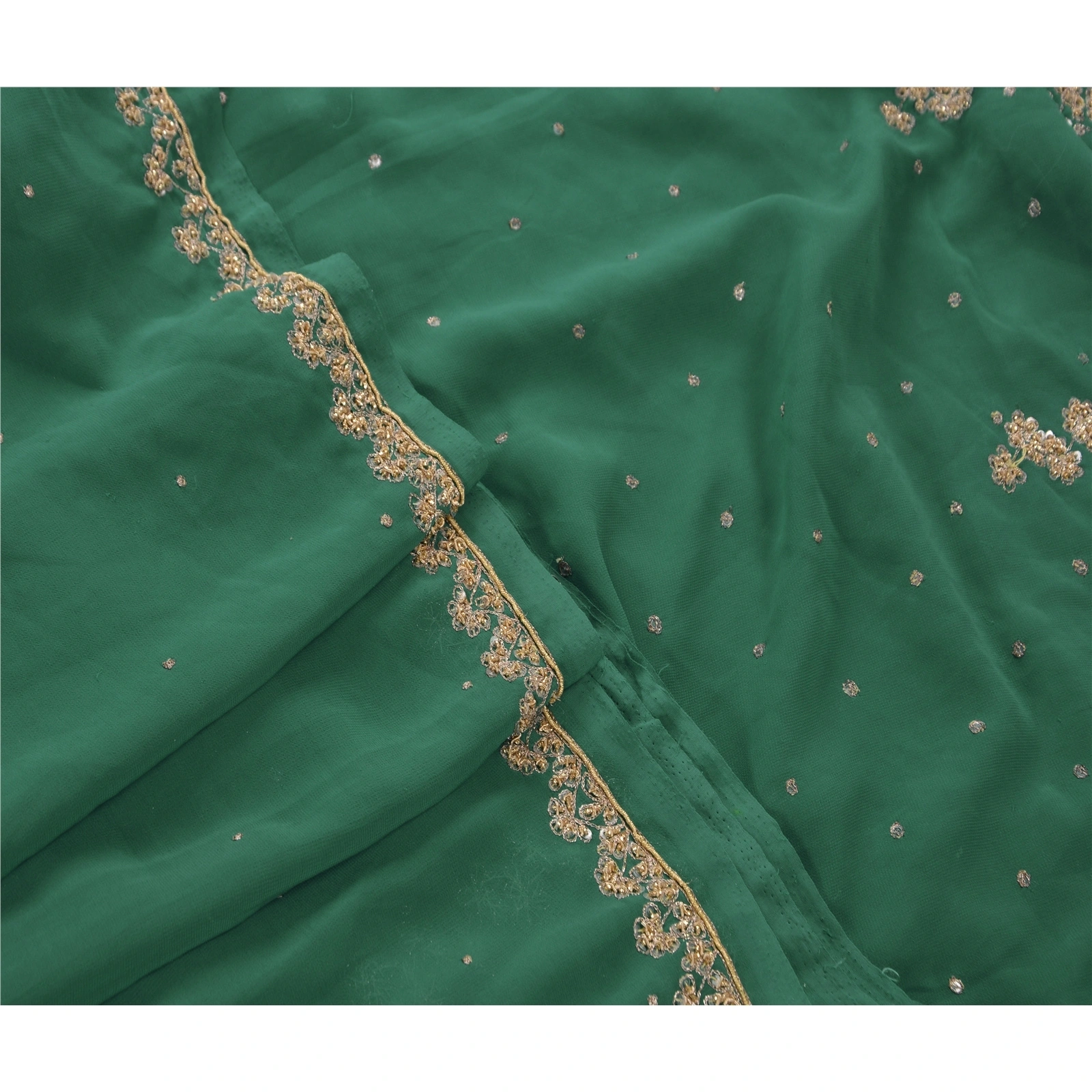 Sanskriti Vintage Sarees Georgette Hand Embroidery Cultural Craft Fabric Sari, PS-45250-Green-Hand Beaded With Zardozi Work-Georgette-7