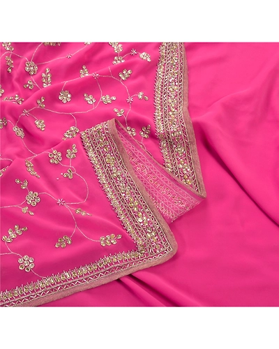 Sanskriti Vintage Indian Sarees Georgette Hand Beaded Fabric Cultural Sari, PS-45398-Purple-Hand Beaded With Kundan Work &amp; Zari Work-Georgette-1