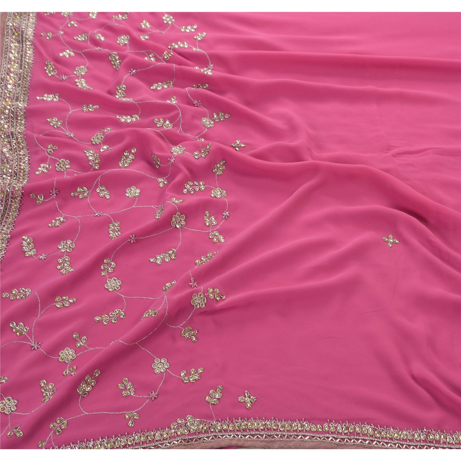 Sanskriti Vintage Indian Sarees Georgette Hand Beaded Fabric Cultural Sari, PS-45398-Purple-Hand Beaded With Kundan Work &amp; Zari Work-Georgette-2