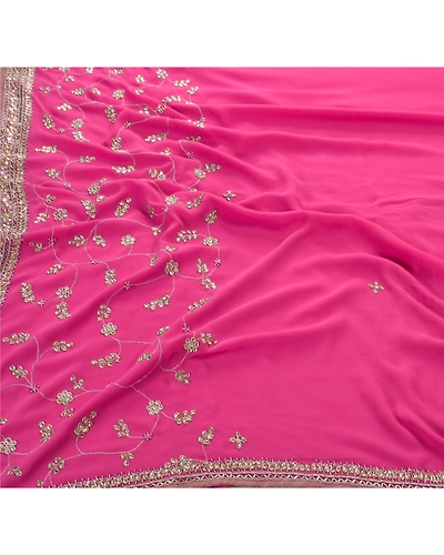 Sanskriti Vintage Indian Sarees Georgette Hand Beaded Fabric Cultural Sari, PS-45398-Purple-Hand Beaded With Kundan Work &amp; Zari Work-Georgette-2