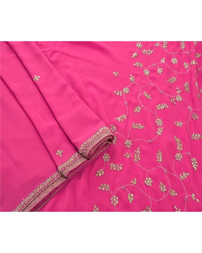 Sanskriti Vintage Indian Sarees Georgette Hand Beaded Fabric Cultural Sari, PS-45398-Purple-Hand Beaded With Kundan Work &amp; Zari Work-Georgette-3