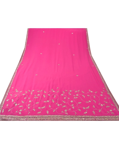 Sanskriti Vintage Indian Sarees Georgette Hand Beaded Fabric Cultural Sari, PS-45398-Purple-Hand Beaded With Kundan Work &amp; Zari Work-Georgette-8