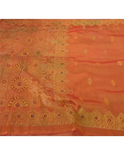 Sanskriti Vintage Sarees Tissue Hand Beaded Craft Golden Fabric Premium Sari, PS-45425-Golden-Hand Beaded With Zari Work &amp; Kundan Work-Tissue-1