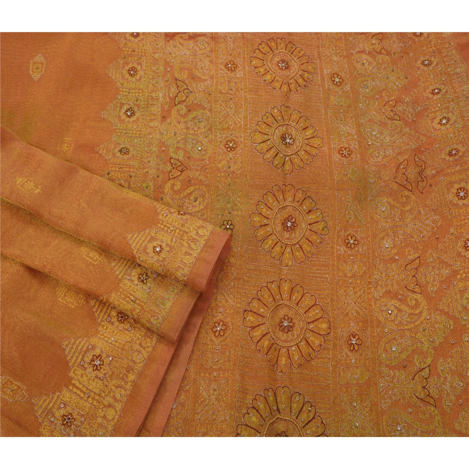 Sanskriti Vintage Sarees Tissue Hand Beaded Craft Golden Fabric Premium Sari, PS-45425-Golden-Hand Beaded With Zari Work &amp; Kundan Work-Tissue-2