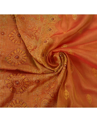 Sanskriti Vintage Sarees Tissue Hand Beaded Craft Golden Fabric Premium Sari, PS-45425-Golden-Hand Beaded With Zari Work &amp; Kundan Work-Tissue-5
