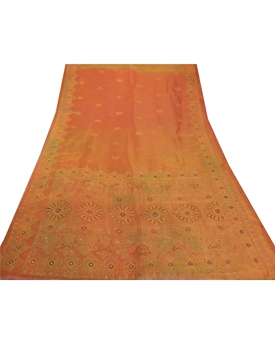 Sanskriti Vintage Sarees Tissue Hand Beaded Craft Golden Fabric Premium Sari, PS-45425-Golden-Hand Beaded With Zari Work &amp; Kundan Work-Tissue-6