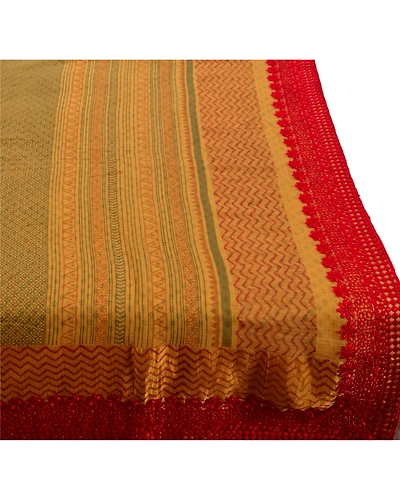 Sanskriti Vintage Sarees Cotton Embroidered Fabric Block Printed Kota 5 Yd Sari, PS-45588-Yellow-Embroidered With Lace Work-Cotton-1