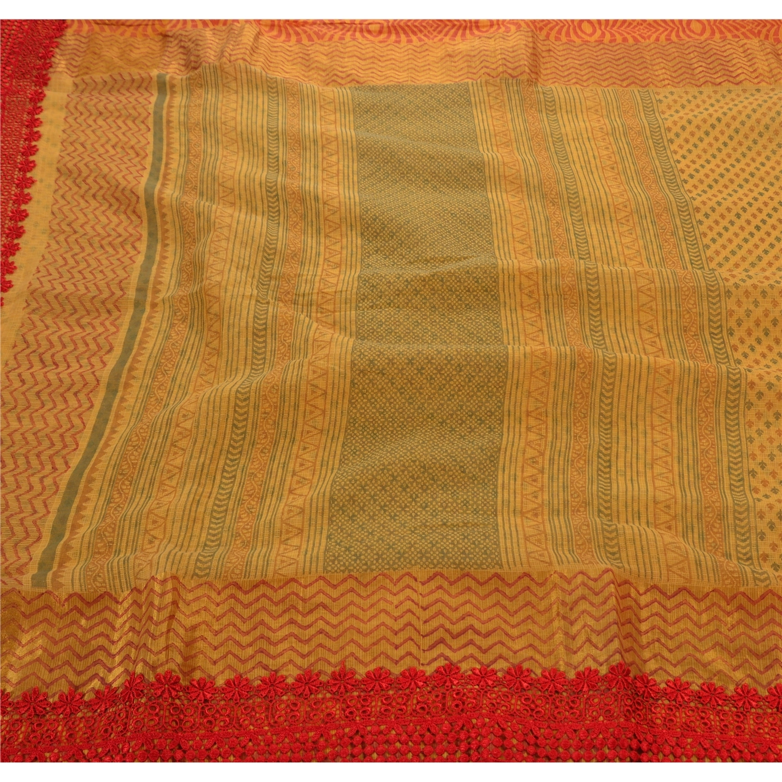 Sanskriti Vintage Sarees Cotton Embroidered Fabric Block Printed Kota 5 Yd Sari, PS-45588-Yellow-Embroidered With Lace Work-Cotton-2