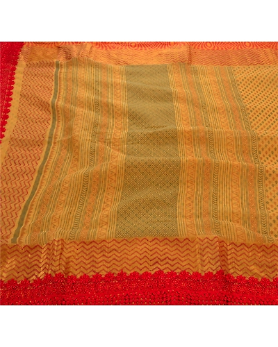 Sanskriti Vintage Sarees Cotton Embroidered Fabric Block Printed Kota 5 Yd Sari, PS-45588-Yellow-Embroidered With Lace Work-Cotton-2