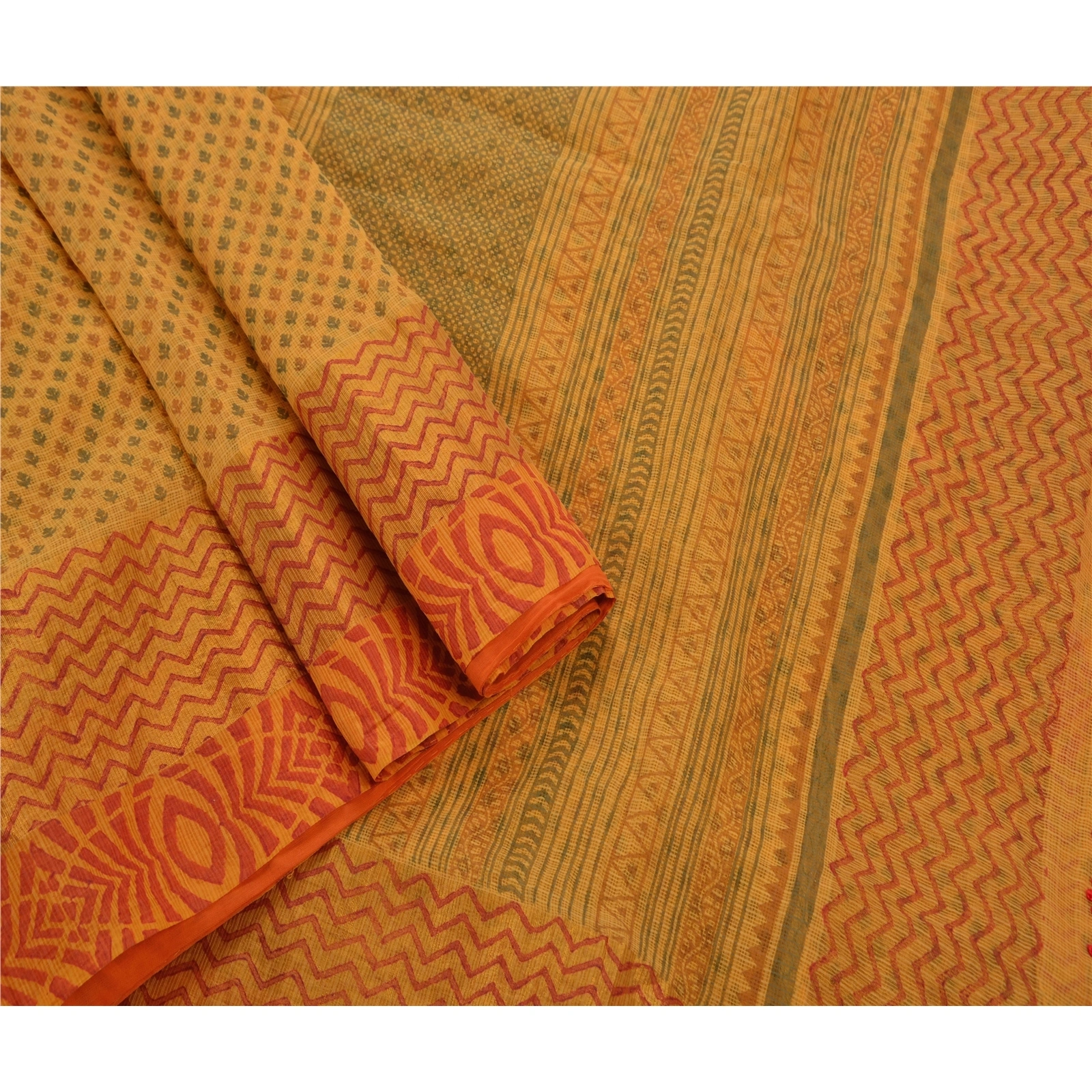 Sanskriti Vintage Sarees Cotton Embroidered Fabric Block Printed Kota 5 Yd Sari, PS-45588-Yellow-Embroidered With Lace Work-Cotton-3