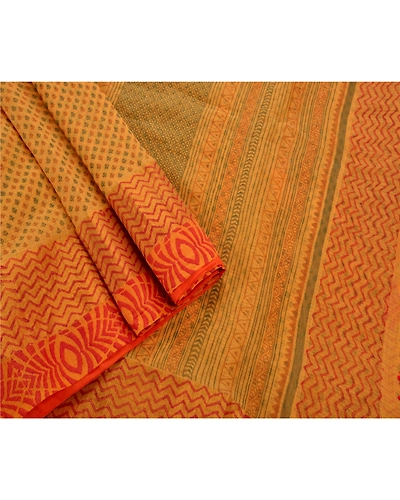 Sanskriti Vintage Sarees Cotton Embroidered Fabric Block Printed Kota 5 Yd Sari, PS-45588-Yellow-Embroidered With Lace Work-Cotton-3