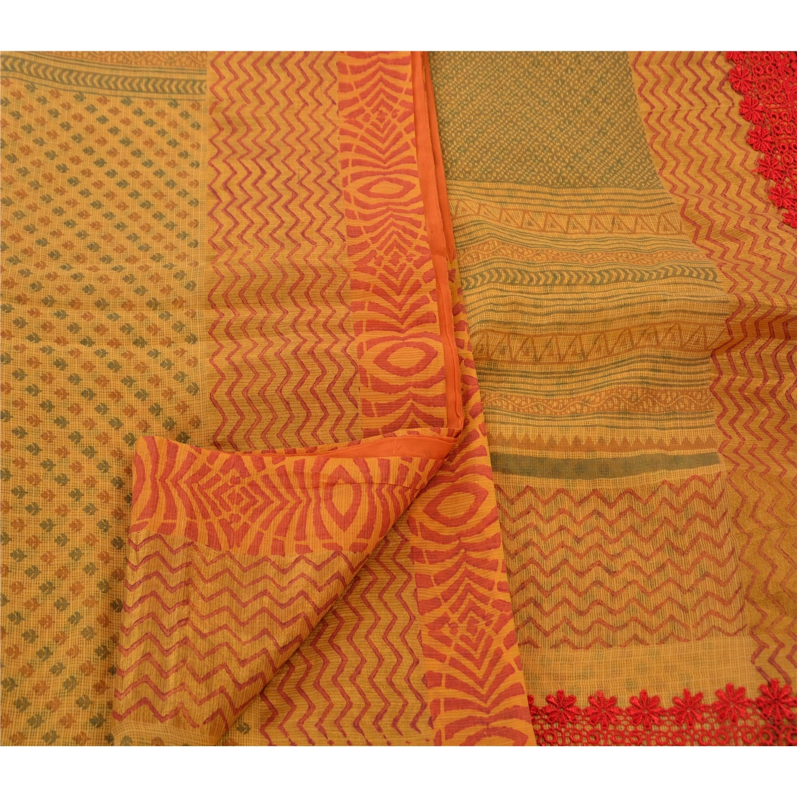 Sanskriti Vintage Sarees Cotton Embroidered Fabric Block Printed Kota 5 Yd Sari, PS-45588-Yellow-Embroidered With Lace Work-Cotton-4