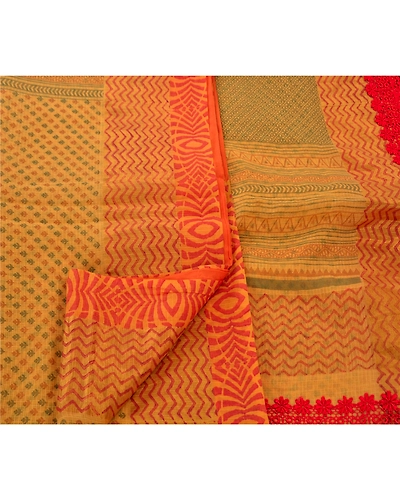 Sanskriti Vintage Sarees Cotton Embroidered Fabric Block Printed Kota 5 Yd Sari, PS-45588-Yellow-Embroidered With Lace Work-Cotton-4