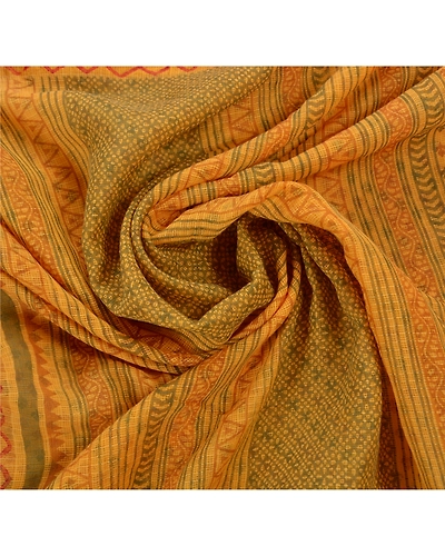 Sanskriti Vintage Sarees Cotton Embroidered Fabric Block Printed Kota 5 Yd Sari, PS-45588-Yellow-Embroidered With Lace Work-Cotton-6
